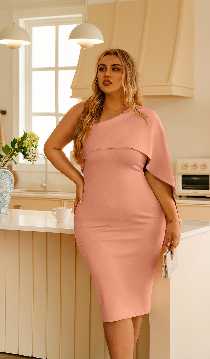 GOBLES Women's Summer Sexy One Shoulder Ruffle Bodycon Midi Cocktail Dress Nude Pink - Image 3